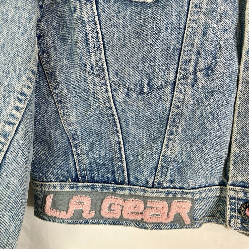 Vintage L.A. Gear Denim Jacket Cropped 80s 90s Logo Patch Teal Pink Y2K Style M - Picture 2 of 16